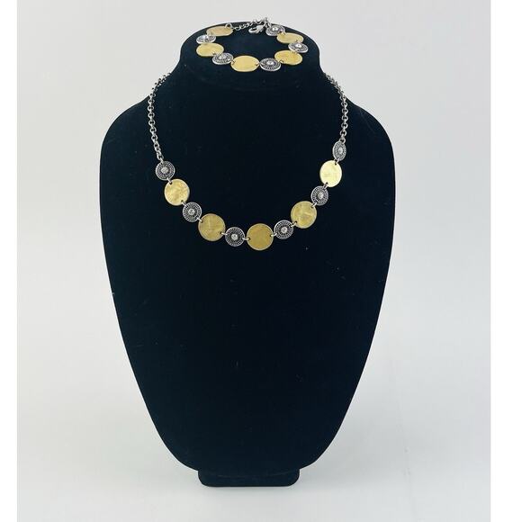 2 Tone Coin Disc Necklace Bracelet Rhinestone Boho Matte Brass Gold Silver disk - Picture 3 of 15